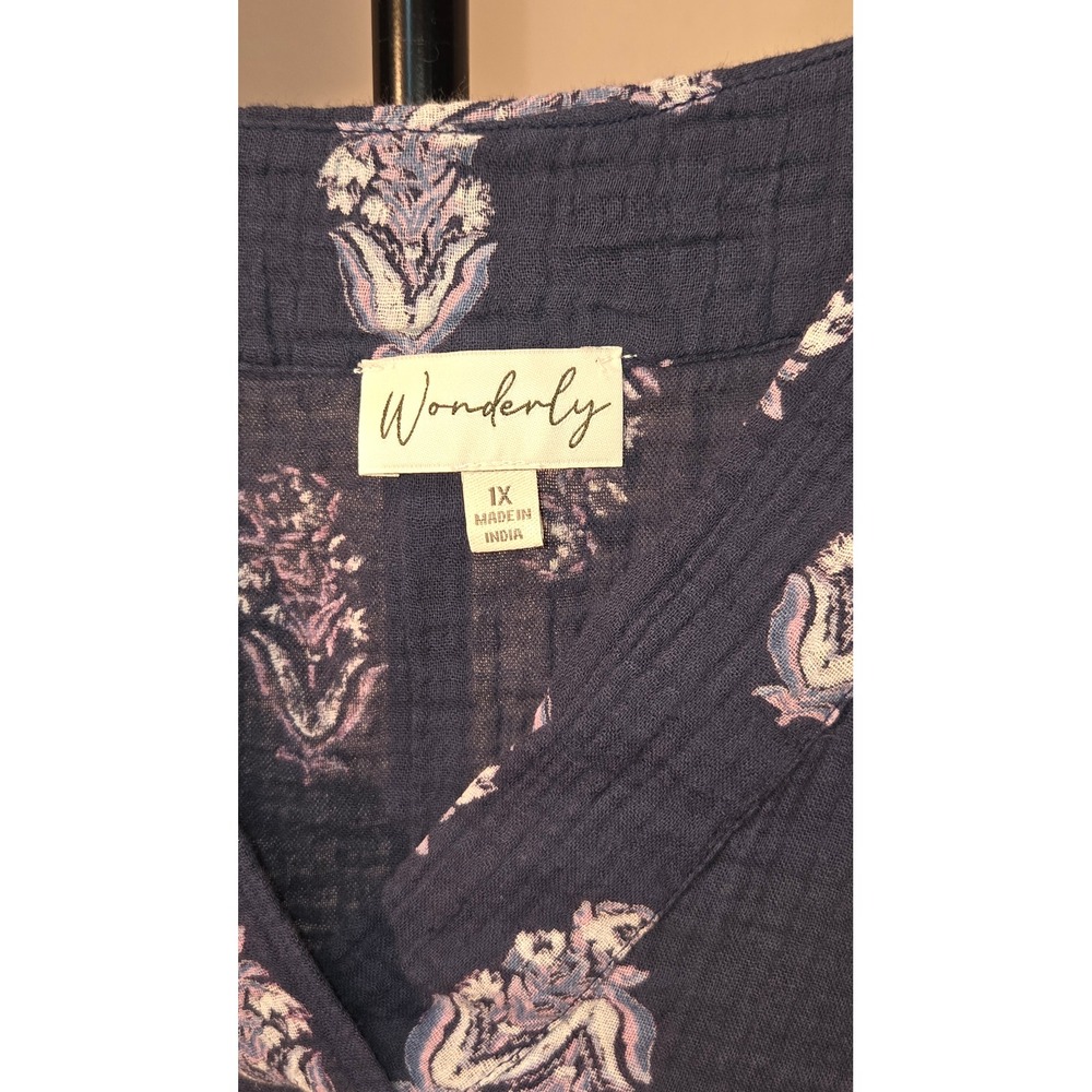 Wonderly Navy Blue Floral Gauze V-Neck Blouse Top Plus Size 1X Boho Short Sleeve - Picture 3 of 4